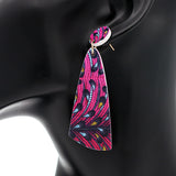 Pink Peacock Print Wooden Dangle Earrings