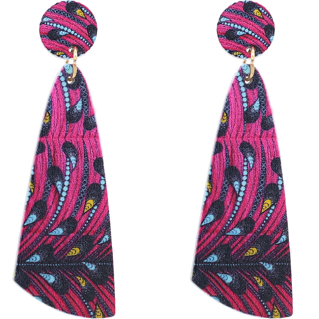 Pink Peacock Print Wooden Dangle Earrings