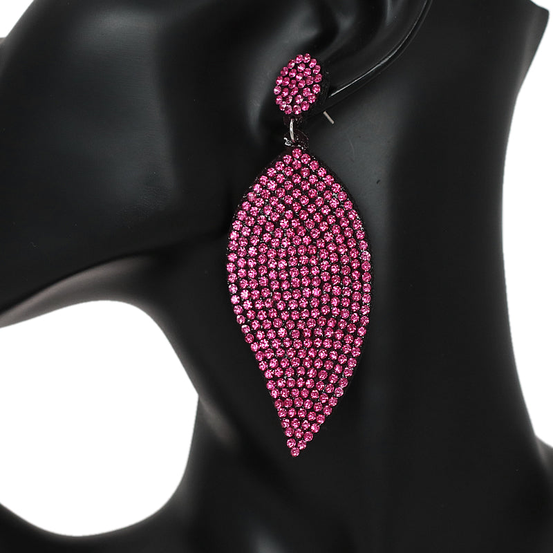 Pink Leaf Shape Pave Stone Felt Earrings