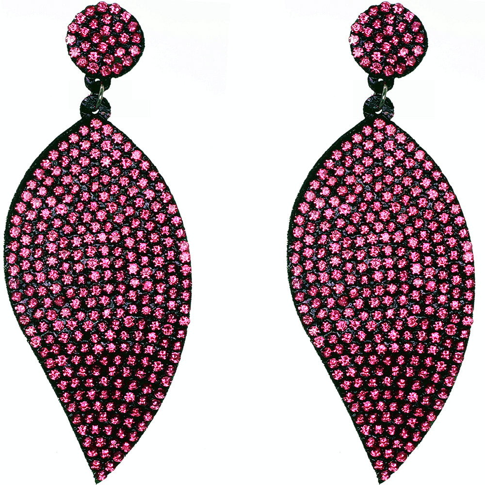 Pink Leaf Shape Pave Stone Felt Earrings