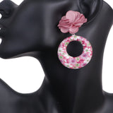 Pink Floral Fabric Drop Hoop Earrings