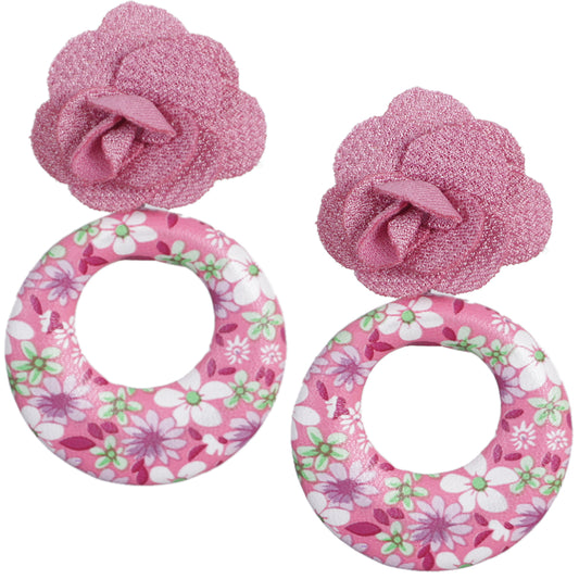 Pink Flower Open Circle Earrings
