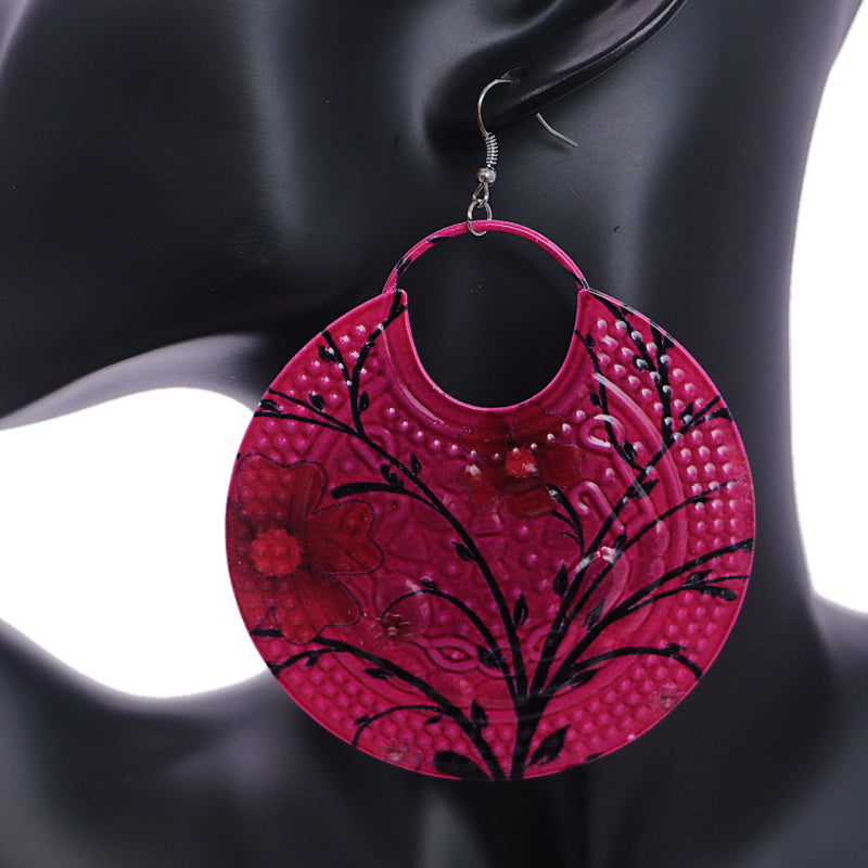 Pink Large Floral Pattern Metal Earrings
