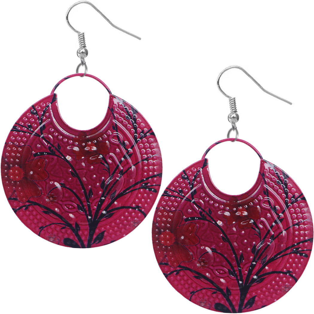 Pink Large Floral Pattern Metal Earrings