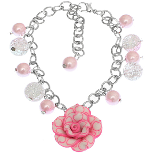Pink Glass Ball Flower Charm Chain Bracelet