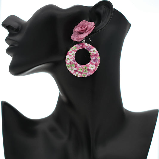 Pink Flower Open Circle Earrings