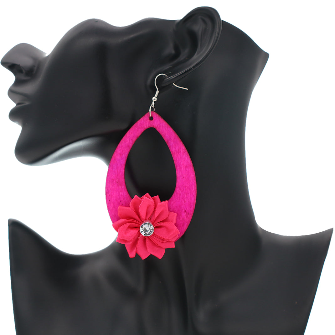 Pink Flower Wooden Teardrop Earrings