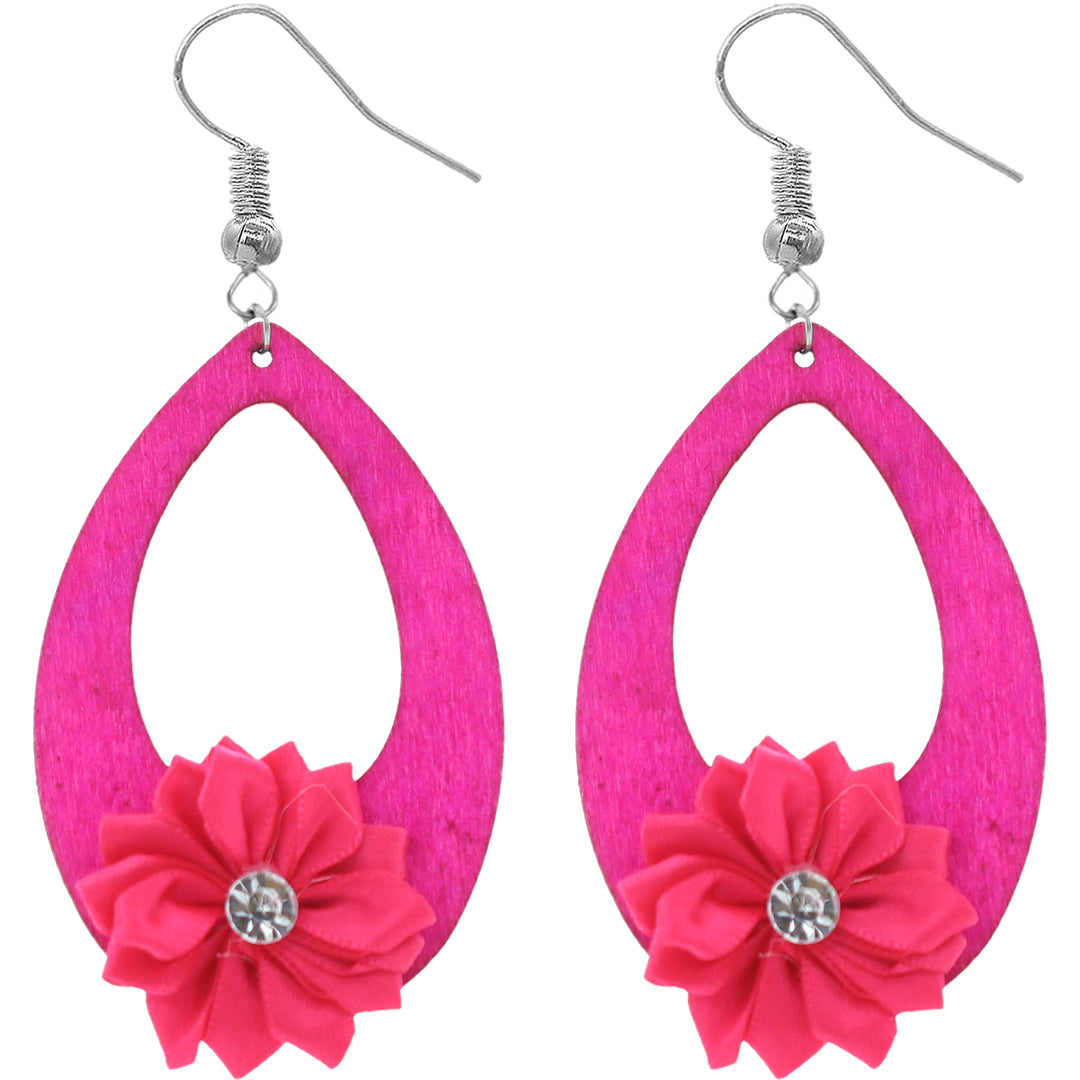 Pink Flower Wooden Teardrop Earrings