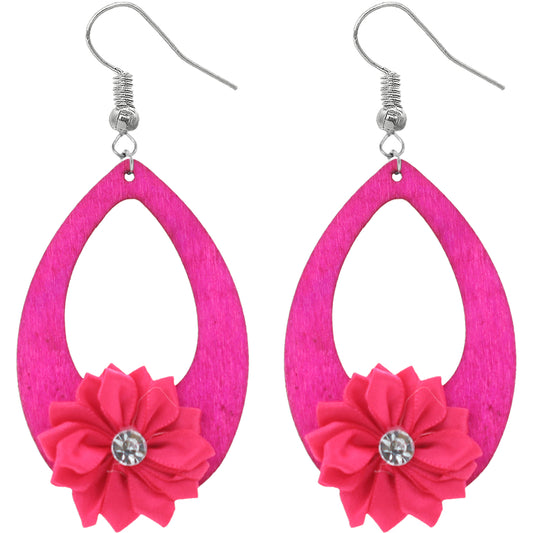 Pink Flower Wooden Teardrop Earrings