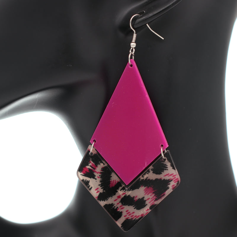 Pink Geometric Leopard Print Dangle Earrings