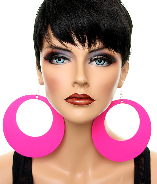 Pink Gigantic Wooden Round Hoop Earrings
