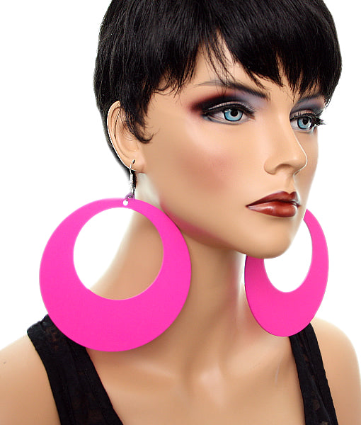 Pink Gigantic Wooden Round Hoop Earrings