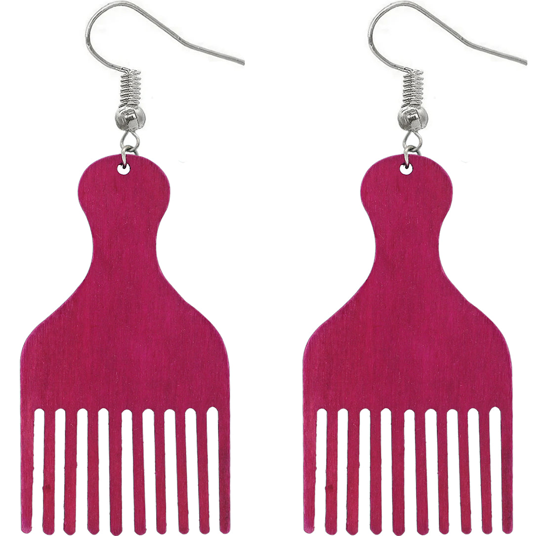 Pink Afro Pick Comb Afrocentric Wooden Earrings