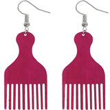 Pink Afro Pick Comb Afrocentric Wooden Earrings