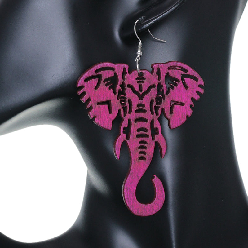 Pink Large Elephant Trunk Wooden Earrings