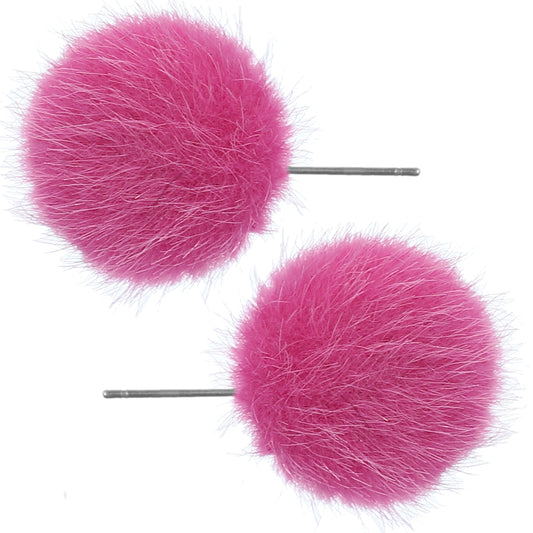 Pink Large Fury Pom Pom Stud Earrings