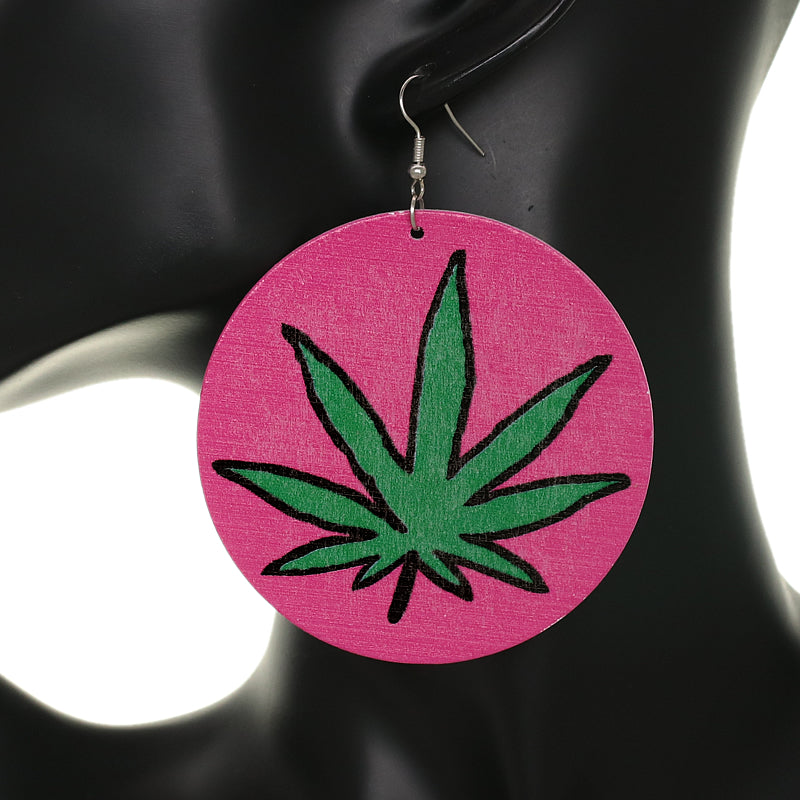 Pink Large Marijuana Leaf Wooden Earrings