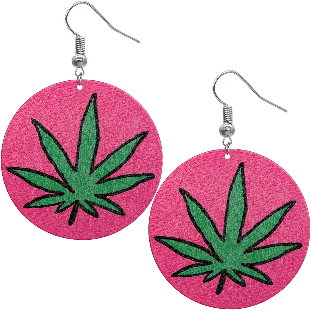 Pink Large Marijuana Leaf Wooden Earrings
