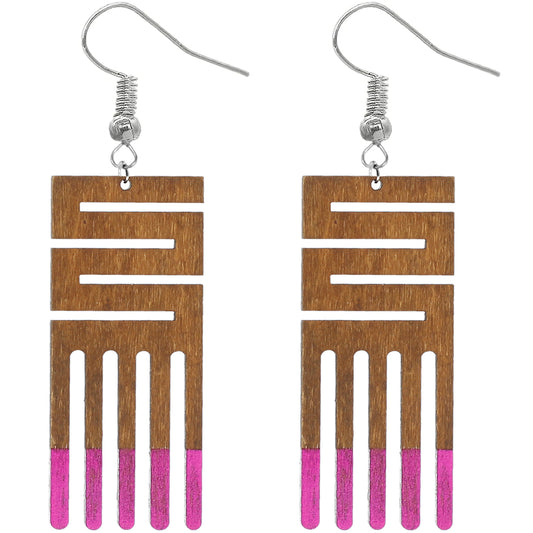 Pink Maze Geometric Wooden Earrings
