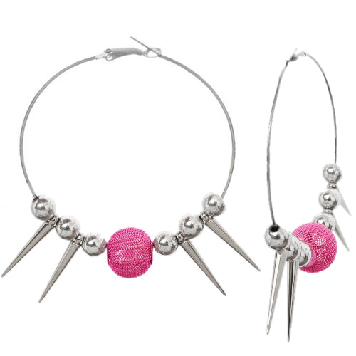 Pink Mesh Spike Bead Hoop Earrings