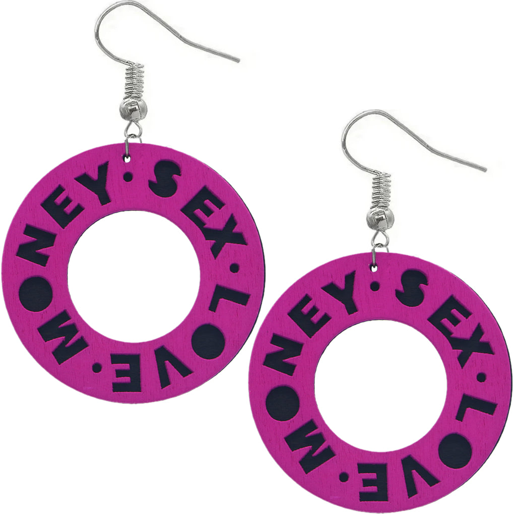 Pink Money Sex Love Wooden Earrings