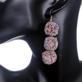 Purple Multicolor Triple Pom Pom Drop Earrings