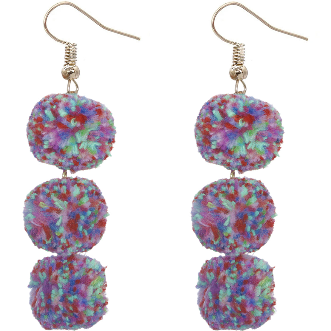 Purple Multicolor Triple Pom Pom Drop Earrings