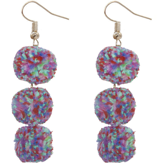 Purple Multicolor Triple Pom Pom Drop Earrings