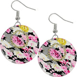 Pink Multicolor Floral Pattern Thin Disk Earrings