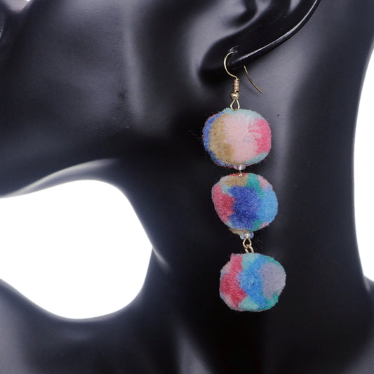 Pink Multicolor Triple Pom Pom Drop Earrings