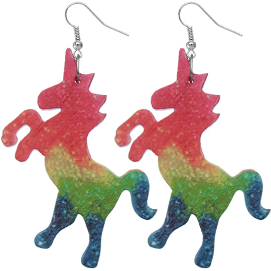 Pink Multicolor Wooden Standing Unicorn Earrings
