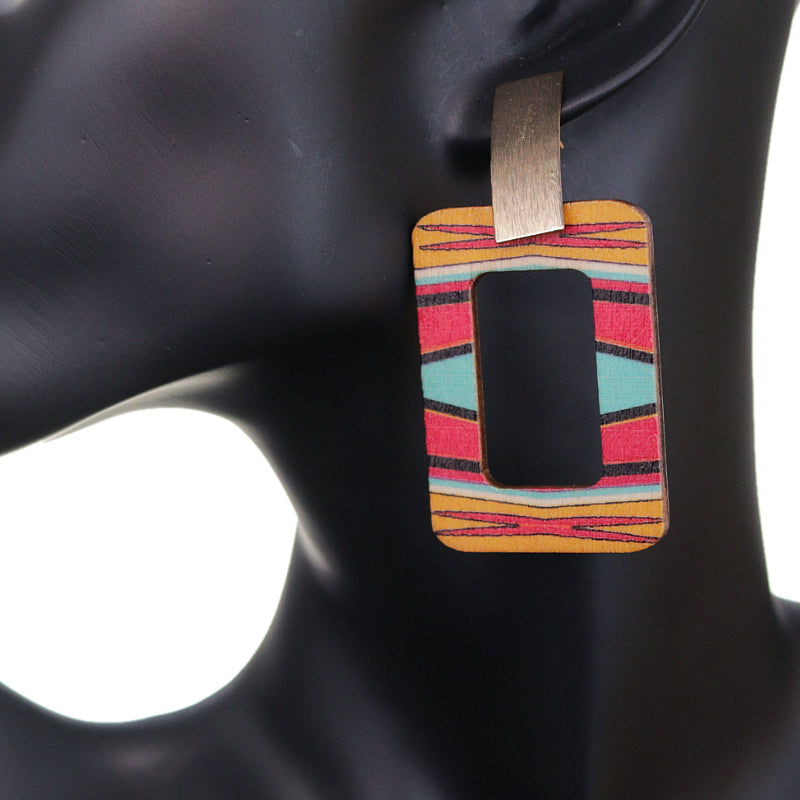 Pink Multicolor Tribal Pattern Rectangle Wooden Earrings
