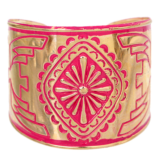 Pink Double Sided Art Deco Metal Cuff Bracelet