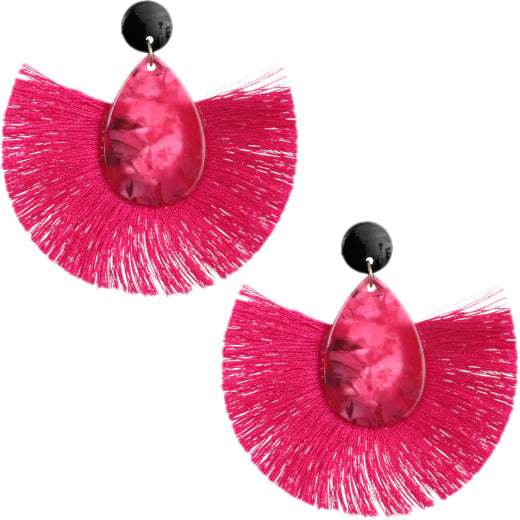 Pink Oval Fan Tassel Earrings
