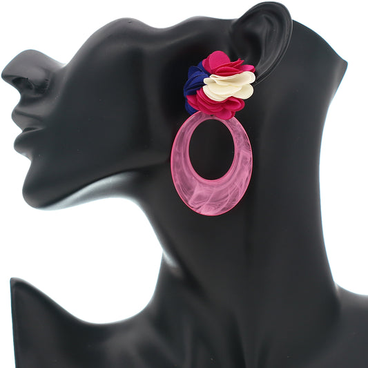 Pink Blue Oval Floral Resin Earrings