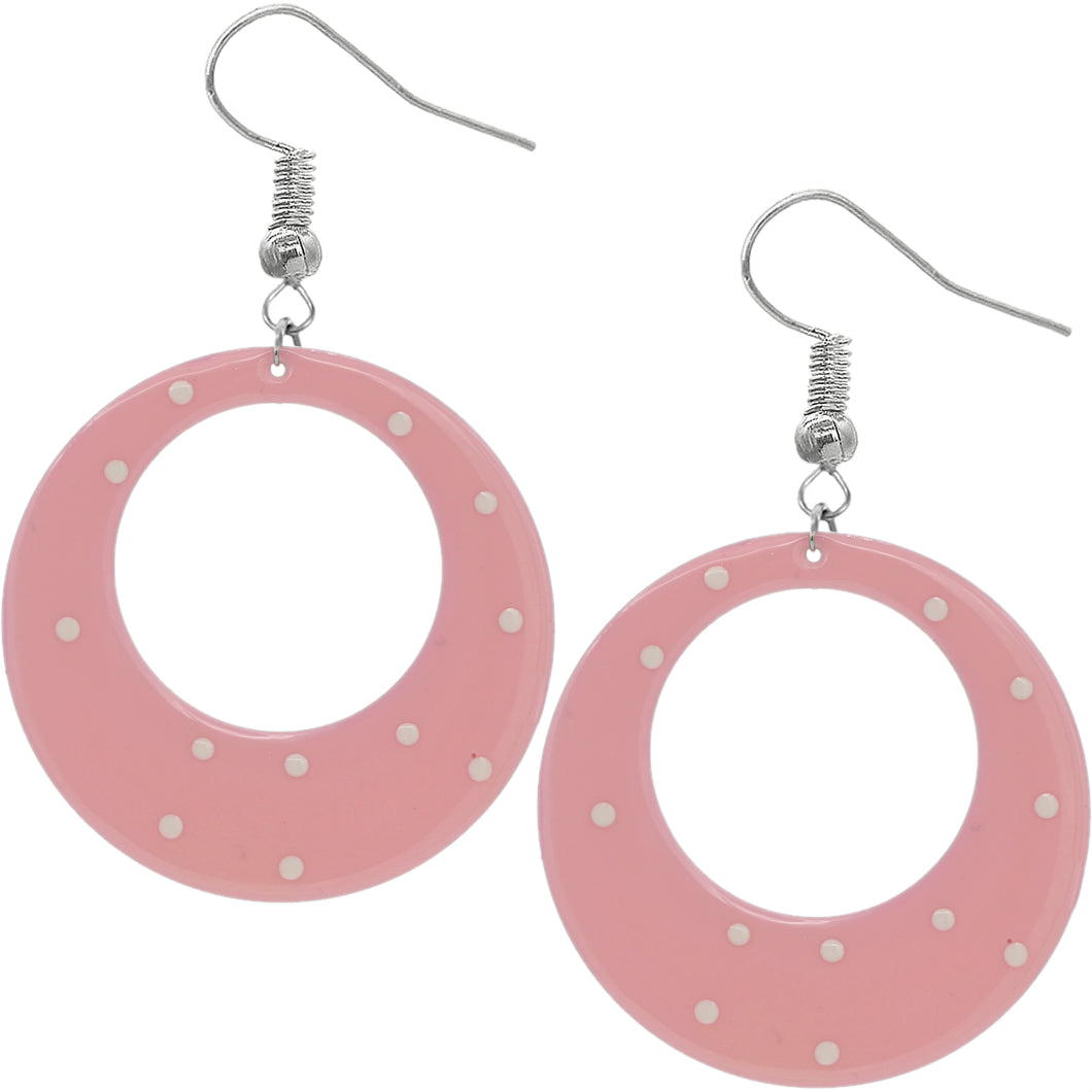 Pink White Round Polka Dot Dangle Earrings