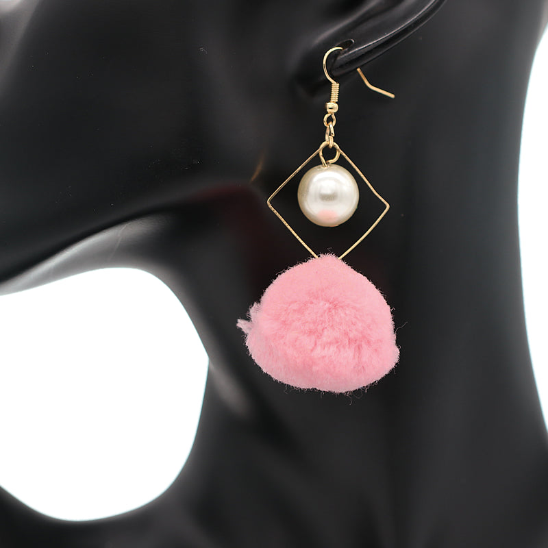 Light Pink Pom Pom Rhombus Shaped Dangle Earrings