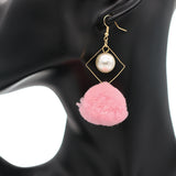 Light Pink Pom Pom Rhombus Shaped Dangle Earrings