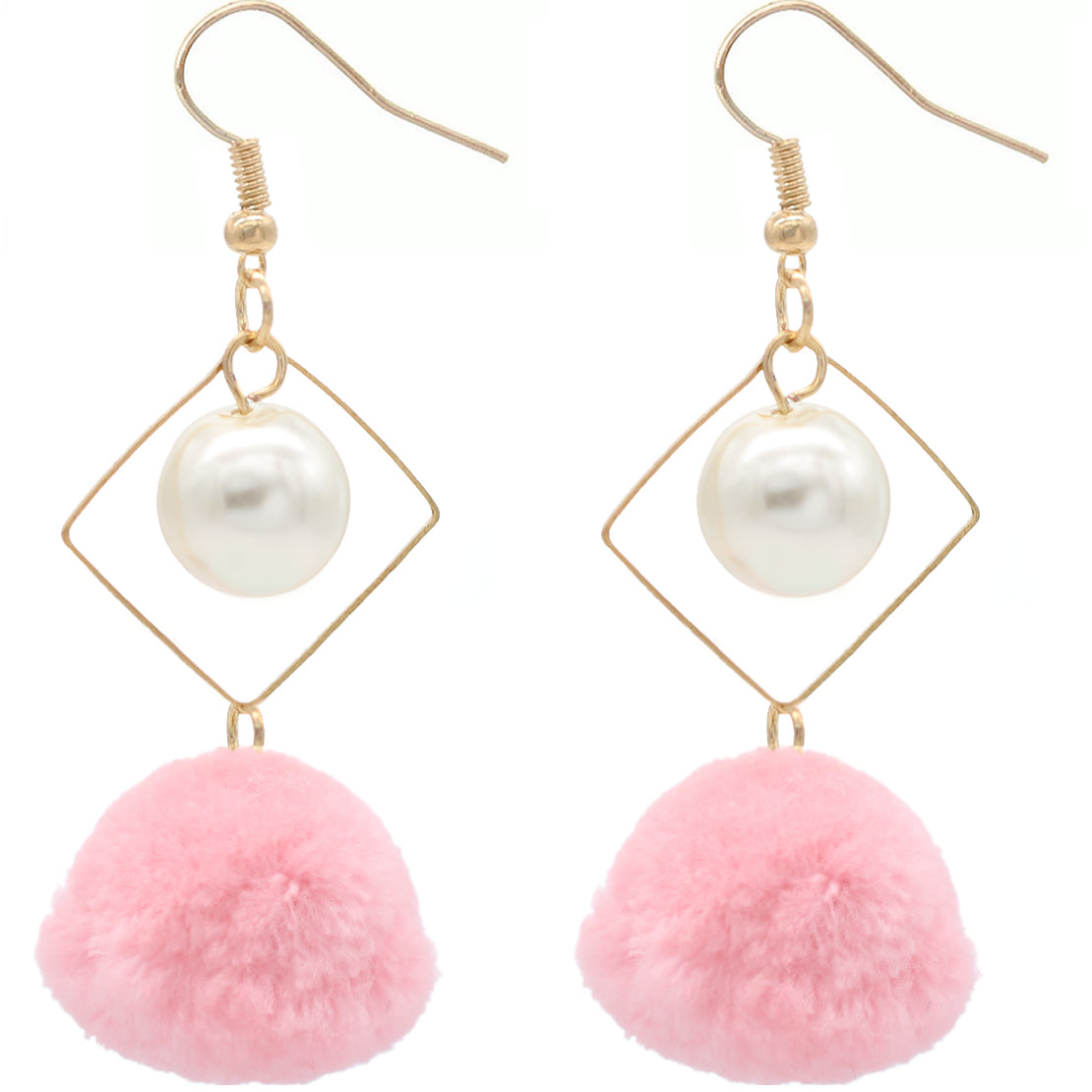 Light Pink Pom Pom Rhombus Shaped Dangle Earrings