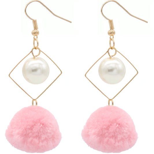 Light Pink Pom Pom Rhombus Shaped Dangle Earrings