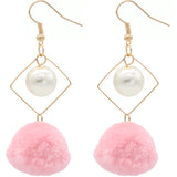 Light Pink Pom Pom Rhombus Shaped Dangle Earrings