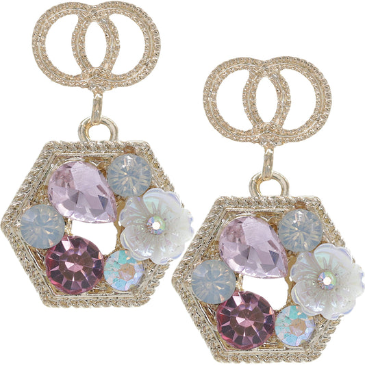 Pink Purple Faux Gemstone Double Circle Post Earrings