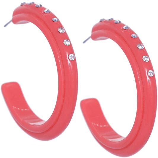 Pink Glossy Rhinestone Hoop Earrings
