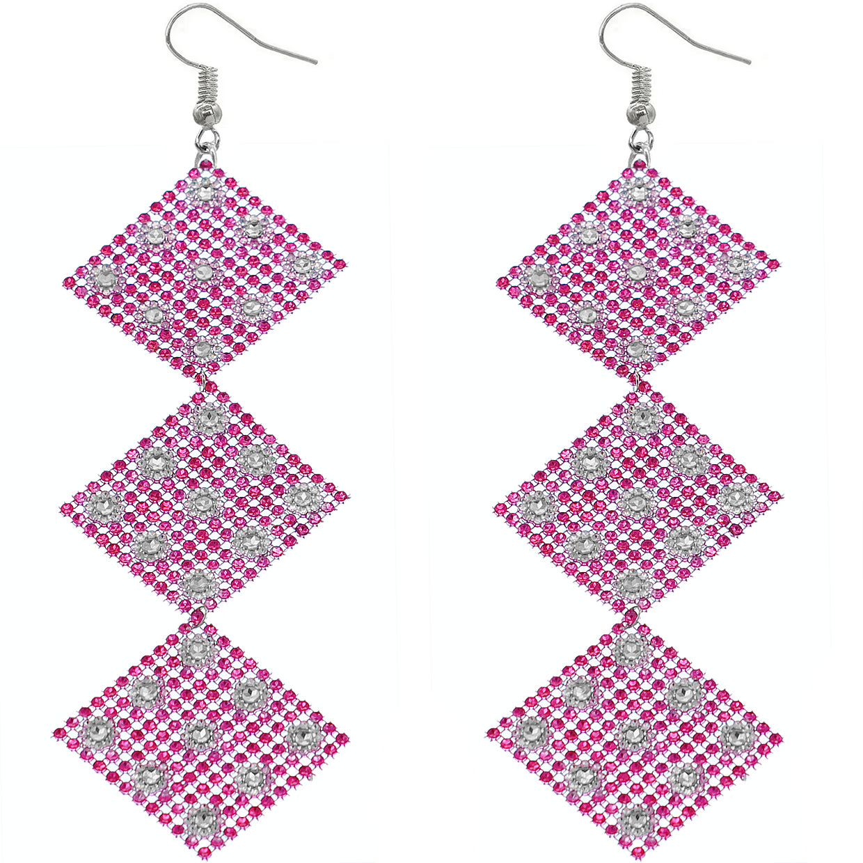 Pink Rhinestone Long Mesh Flat Earrings