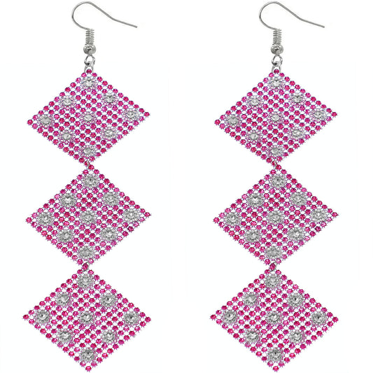 Pink Rhinestone Long Mesh Flat Earrings