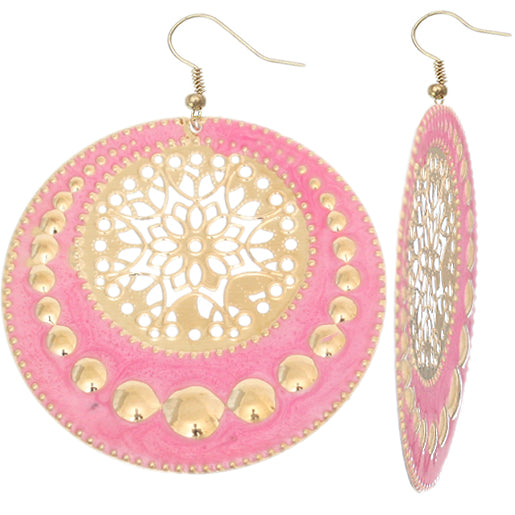 Pink Centered Floral Filigree Dangle Earrings