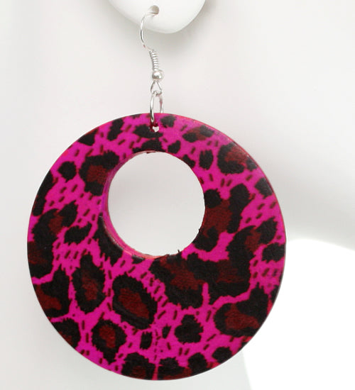 Pink Round Wooden Cheetah Earrings
