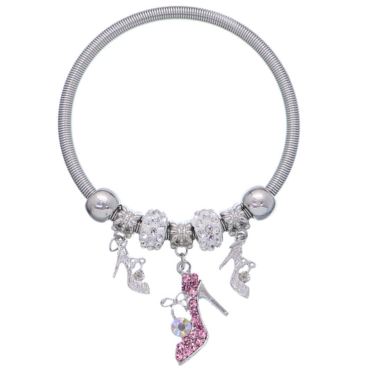 Pink Fireball High Heel Shoe Charm Stretch Bracelet