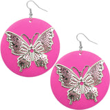 Pink Silver Wooden Butterfly Dangle Earrings