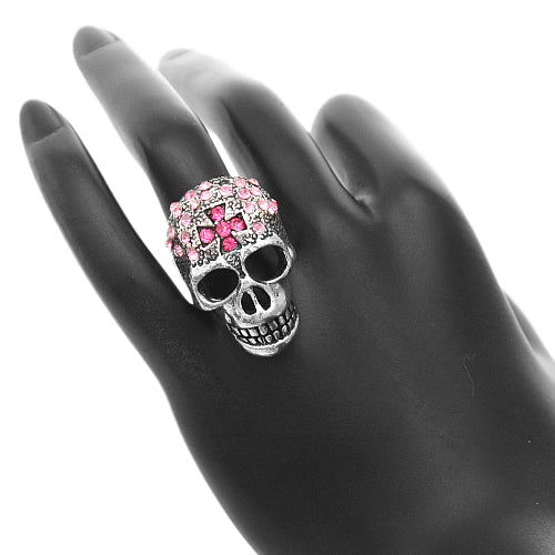 Pink Rhinestone Skull Cross Adjustable Ring